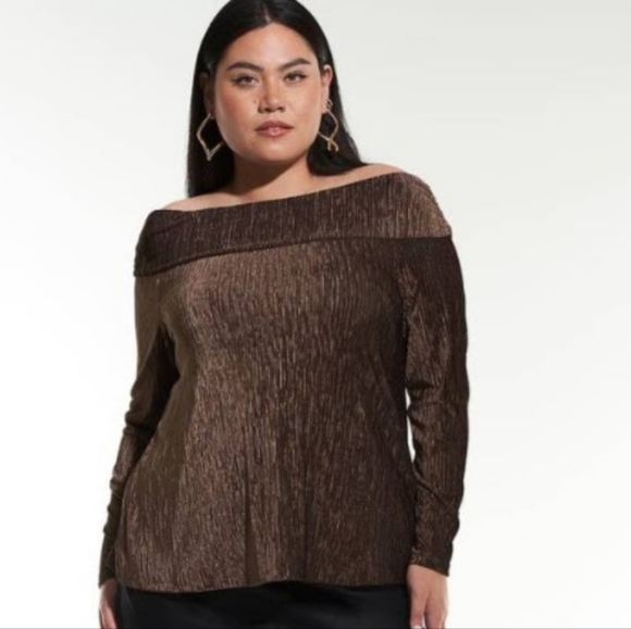 NWT Addition Elle Chocolate Brown Metallic Pleated Top Fall to Holidays Size 2X - Picture 1 of 6